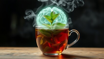 teacup. Steaming teacup with mint leaves forming brain-shaped glowing nebula above it. wellbeing guides, coaching materials, designed for mental health education and mindfulness programs.