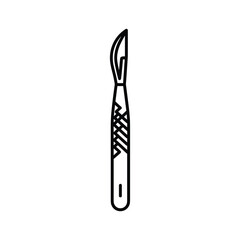 A line art illustration of a surgical scalpel, a medical instrument used for incisions, isolated on