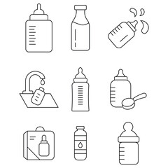 Set of baby milk bottle icon in liner style. Milk feeding bottle vector collection. Newborn nipple symbol. Variations baby bottle black line icons on white background. Vector illustration. 