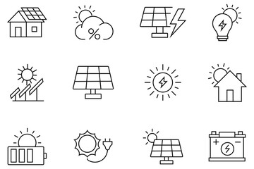 Collation of solar power line icons. Contains as efficiency, solar panel, energy, solar farm, sun tracker and more. Solar energy black line icon on white background. Vector illustration. 
