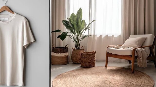 A light beige t-shirt hangs on a wooden hanger, complementing a cozy chair nearby. The t-shirt and chair create a warm, inviting atmosphere in the sunlit room.
