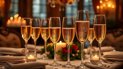 nonessential. Festive dining table with golden spumante and candlelight in luxurious atmosphere. menu design, packaging mockups, designed for food delivery and cloud-kitchen brand materials.