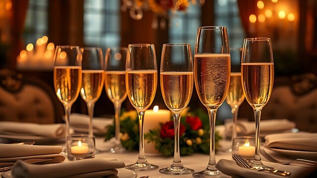 nonessential. Festive dining table with golden spumante and candlelight in luxurious atmosphere. menu design, packaging mockups, designed for food delivery and cloud-kitchen brand materials.