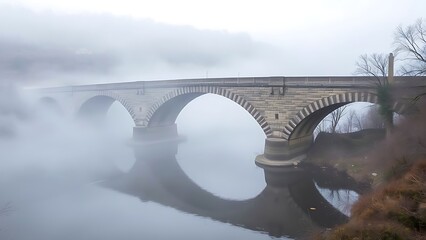 allegheny. Stone arch bridge spanning river shrouded in morning mist with soft focus. travel magazines, destination branding, designed for travel destination branding, used by marketplace managers.