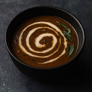 Ulavacharu, Andhra delicacy, horse gram rasam with fresh cream swirl in moody stoneware styling