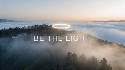 Fototapeta premium Glowing halo above a misty landscape with motivational words