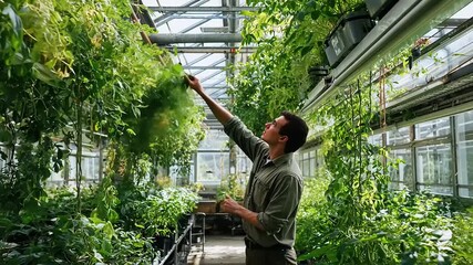 A gardener tending to vibrant plants in a lush greenhouse filled with greenery and natural light - Powered by Adobe