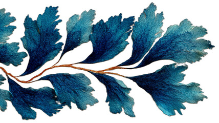 Ilustrasi daun atau cabang dekoratif dengan warna biru tua yang elegan, menampilkan pola yang melengkung dan mengalir.