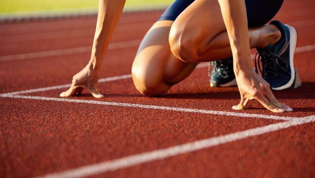 Closeup athletic legs and hands of a woman in starting position on red running track. Female runner on the arena ready to start the sprint. Focus, readiness and determination before the race begins - Powered by Adobe