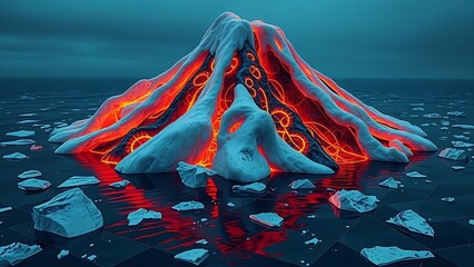 iceberg. A frozen volcano sculpture melting to reveal glowing lava circuits, with iceberg fragments floating in geometric water. product launch decks.