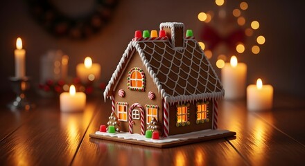 Illuminated gingerbread house surrounded by christmas candles and lights