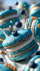 Macaroons flying in the air with blueberries, cookie crumbs, cream, dynamic vertical image.
