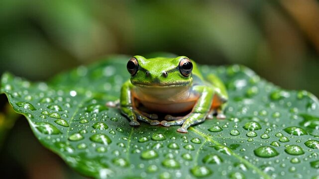Close-up of a small green frog sitting on a wet leaf