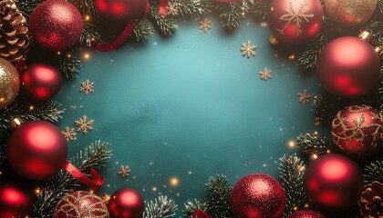 Elegant digital art Christmas frame with gold foil effect, detailed pine branches, snowflakes, ornaments and ribbons, luxurious and classy composition, blank center for message