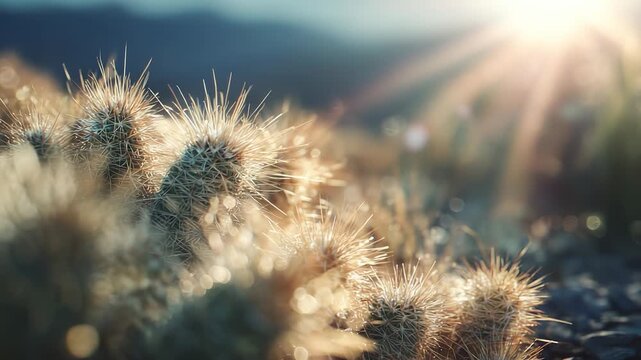 A group of cacti stands prominently in a sunlit desert landscape, showcasing their unique spiky forms. The cacti and sunlight create a vibrant and natural atmosphere in the open sp
