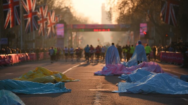 acquiescence. A marathon finish line with runners wrapped in thermal blankets during early morning. event key visuals, club posters, designed for sports event promotions and stadium branding.