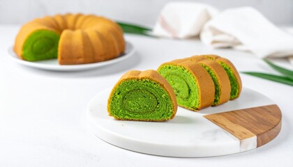 Traditional Indonesian pandan sponge cake with vibrant green slices on a marble board