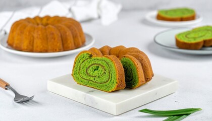 Traditional Indonesian pandan sponge cake with vibrant green slices on a marble board