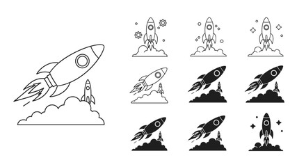 Set of various rocket ship icons for space exploration and science fiction in different styles.