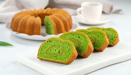 Traditional Indonesian pandan sponge cake with vibrant green slices on a marble board