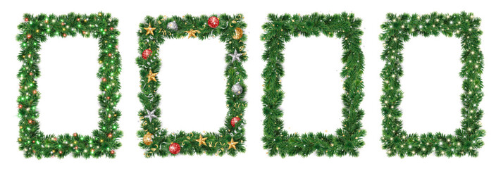 Obraz premium Realistic Christmas tree garland vertical frames with glowing lights and ornaments. Elegant festive square decorations. Transparent background in vector file.