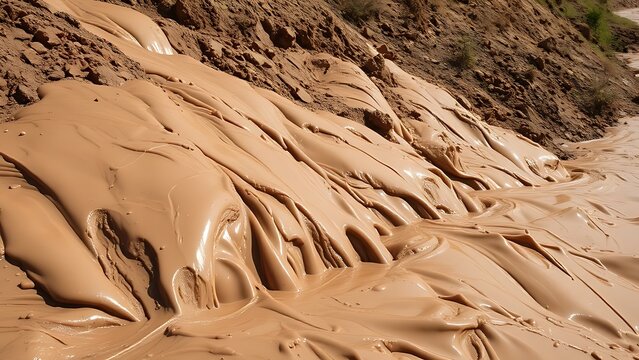 phonolite. Muddy slurry flowing down a hillside, creating viscous patterns in natural daylight. ESG reports, sustainability campaigns, designed for environmental awareness campaigns.
