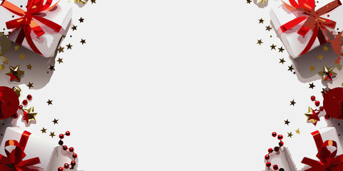 Festive christmas border with gifts ornaments and stars on white background