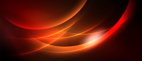 Abstract red curves, dynamic composition. Bright highlights contrast dark background, creating energy, movement. Smooth gradients define shapes.