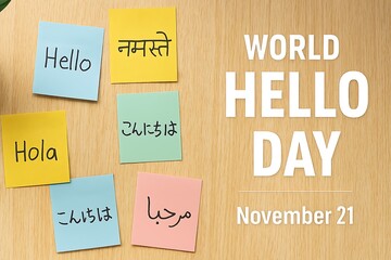 World hello day celebration with greetings in multiple languages on sticky notes