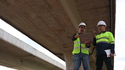 Bridge Inspection: Two diligent construction engineers in hard hats and safety vests meticulously inspect a newly constructed bridge.