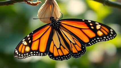 chrysalis. A monarch butterfly emerging from its chrysalis, showcasing vibrant wings against a soft natural backdrop. wildlife magazines.