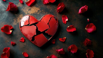 sorrow. A broken ceramic heart and scattered rose petals on a dark surface with dramatic shadows. wellbeing guides, coaching materials, designed for mental health education and mindfulness programs.