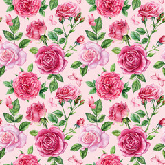 Pink Rose Watercolor Seamless Pattern. Romantic Botanical Garden Flowers with Leaves for Fabric, Wallpaper and Wrapping