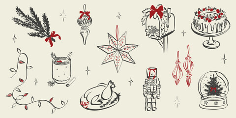 Whimsical party doodles featuring festive dinner table with Christmas tree, Eggnog and wine glass, mailbox with bow and ribbon and holiday decorations in Crayon sketch style. Vector illustration