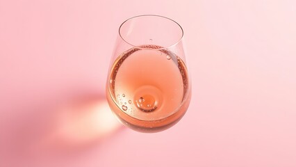 brut. Sparkling rosé wine glass with condensation droplets, set against a soft pastel pink background. bar promotions, beverage menus, designed for product packaging and bar promotions.
