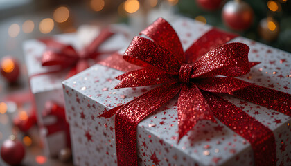 Red glitter gift bow for christmas presents