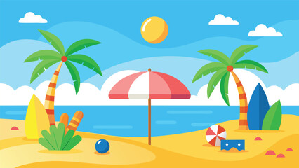 A cheerful summer card featuring a sunny beach scene with palm trees swaying in the breeze..eps
