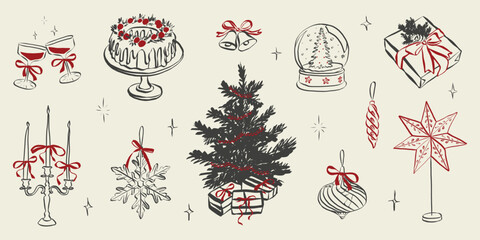 Whimsical party doodles featuring festive dinner table with Christmas tree and cake, wine glasses, gift boxes with bows and holiday decorations in Crayon sketch style. Vector illustration