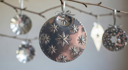 Round tin foil ornament with star pattern hanging on branch. Small ribbon and more foil ornaments in background.  Holiday tin foil embossed ornament, silver stars, rustic decor