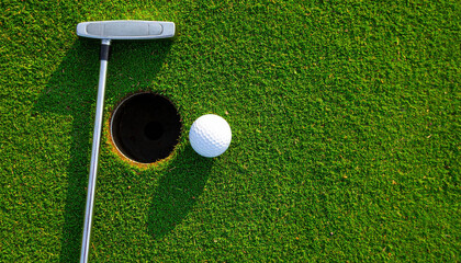 Golf ball putter green grass hole overhead closeup sport outdoor competition precision white equipment putting game recreation leisure field round texture shadow sunlight success challenge focus