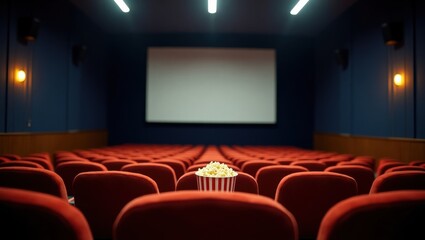 Empty Theater with Popcorn Bucket on Seat Ready for Show Time Entertainment