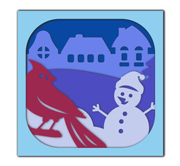Christmas shadow box with red cardinal and snowman, Winter scene, svg layered