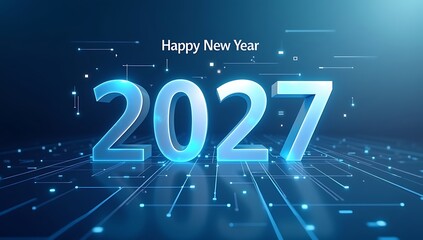 Happy New Year 2027 glowing blue 3D numbers on futuristic circuit floor with digital grid