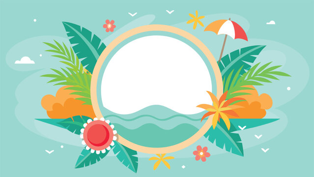 Vibrant cartoon background with a dolphin, palm trees, and a picturesque beach setting..eps