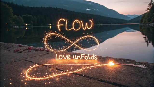 Glowing light dust forming an infinity loop over a lake titled Flow