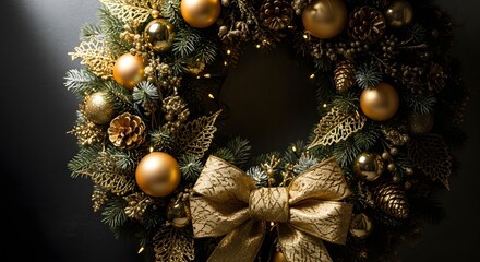 Luxurious christmas wreath with golden ornaments and festive bow