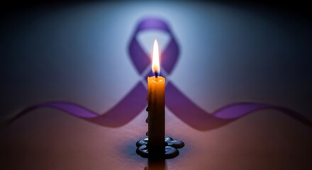 World cancer day candle burning in front of purple awareness ribbon on dark background background