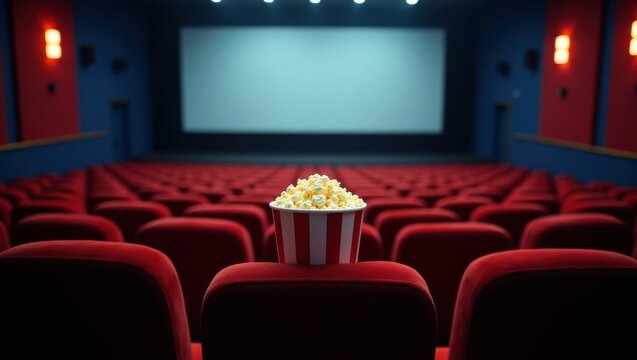 Popcorn Bucket on Red Seat in Empty Theater with Screen and Rows of Seats