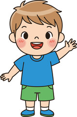 Cute cartoon boy waving happily, cheerful child standing and smiling, adorable kid character illustration perfect for education, childhood, greeting, and animation themes