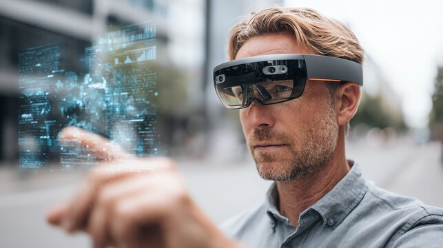Man using augmented reality glasses to interact with digital holograms outdoors.